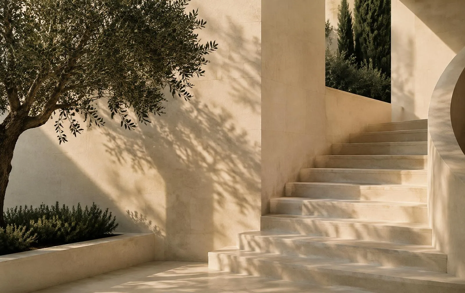 Sunlight and leaf shadows on a pale stone wall and staircase