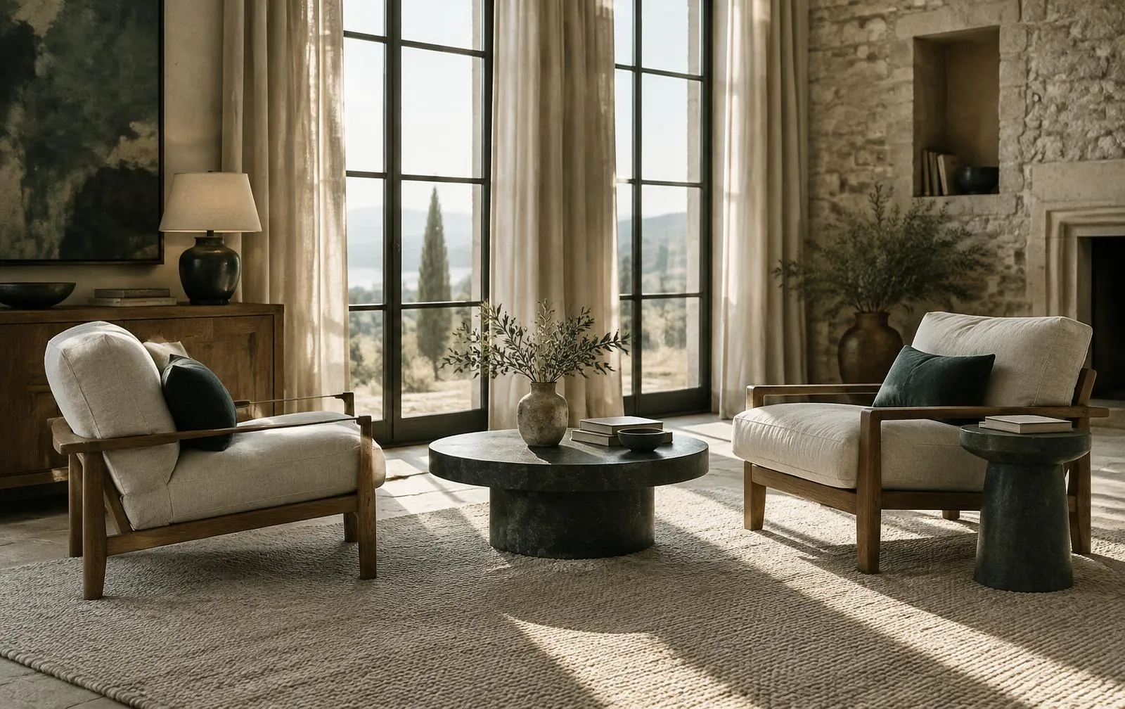 A quiet room with two armchairs facing each other in soft daylight